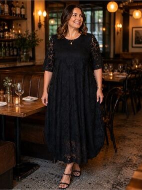 NWT Black Floral Lace Bubble Hem Midi Dress XXL Elegant Boutique Cocktail Party
